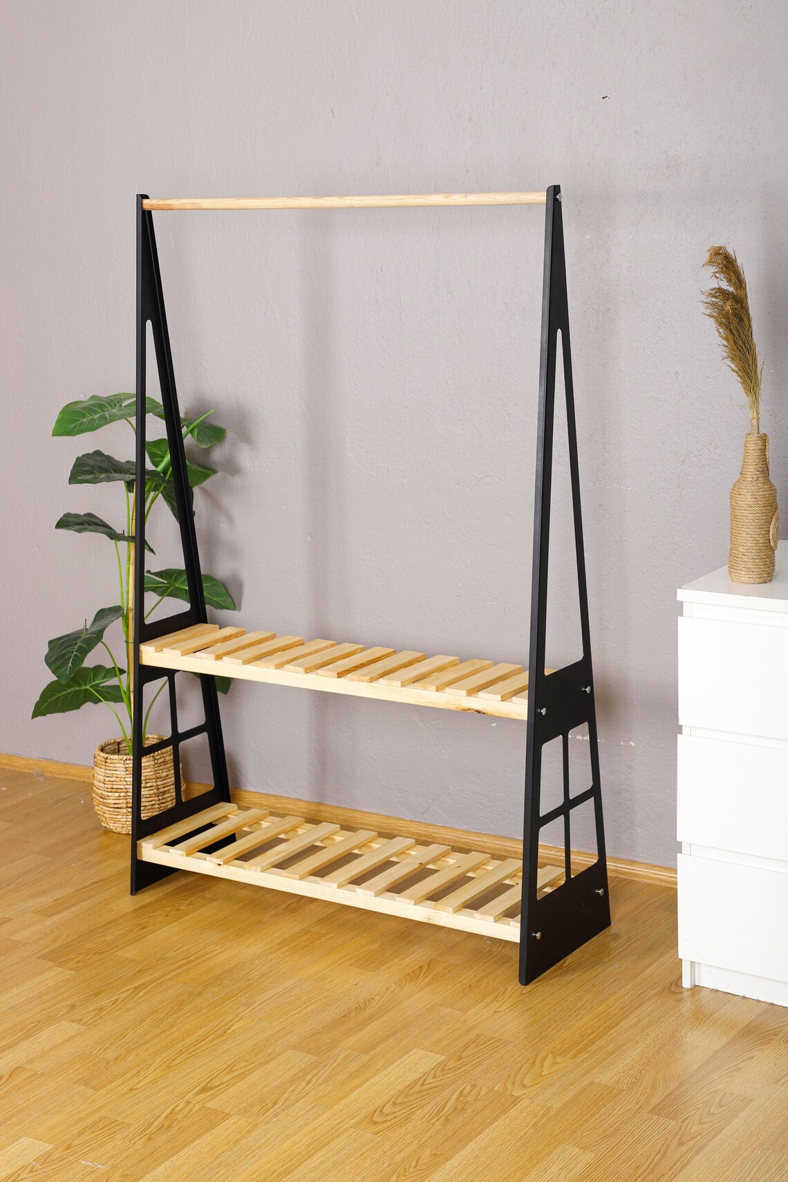 Dressing Rack Stand Wooden Clothes Rack With 2 Shelves , Dress Hanger , Metal Wooden ...