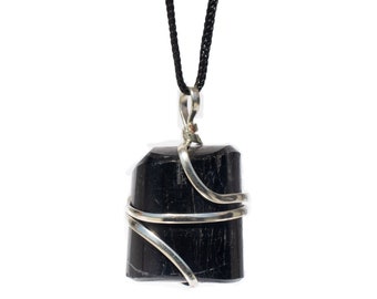 Handmade Black Tourmaline Pendant Necklace: Raw Stone, Vegan Cord