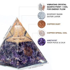 May include: A purple amethyst crystal pyramid with a copper spiral coil inside. The pyramid is approximately 9.5 cm tall and 7.5 cm wide. The pyramid is made with a clear epoxy resin outer layer and copper dust. The pyramid is said to promote inner peace and calm.