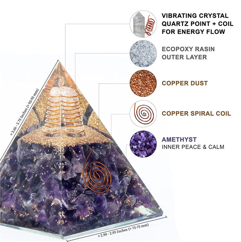 May include: A purple amethyst crystal pyramid with a copper spiral coil inside. The pyramid is approximately 9.5 cm tall and 7.5 cm wide. The pyramid is made with a clear epoxy resin outer layer and copper dust. The pyramid is said to promote inner peace and calm.
