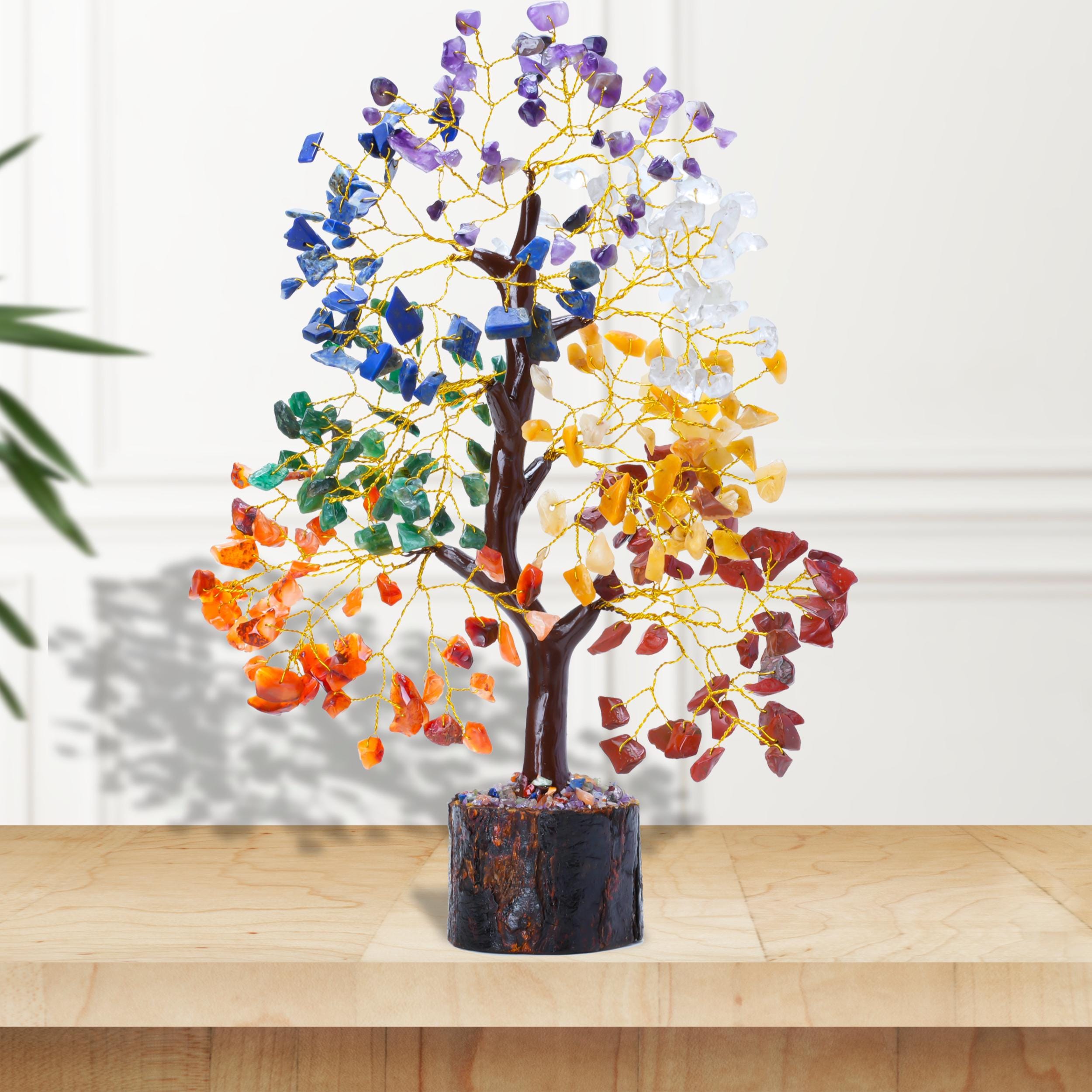 PREK 7 Seven Chakra Crystal Natural Gemstone Bonsai Money Tree For Reiki Healing Good Luck, Home Office Decor Gift With Golden Wire And 300 Beads Size 10-12 Inches (Seven Chakra Silver