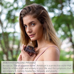 May include: Amethyst orgone pyramid, a purple crystal pyramid with gold accents. The text "The all purpose stone" is written below the image.