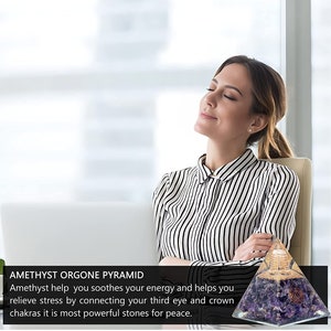 May include: Amethyst orgone pyramid with a copper coil and a clear quartz crystal. The pyramid is made of amethyst crystals and is surrounded by a copper wire coil. The pyramid is sitting on a white surface. Amethyst helps you soothe your energy and helps you relieve stress by connecting your third eye and crown chakras, it is the most powerful stone for peace.
