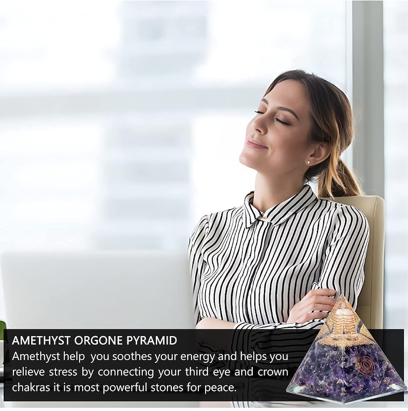 May include: Amethyst orgone pyramid with a copper coil and a clear quartz crystal. The pyramid is made of amethyst crystals and is surrounded by a copper wire coil. The pyramid is sitting on a white surface. Amethyst helps you soothe your energy and helps you relieve stress by connecting your third eye and crown chakras, it is the most powerful stone for peace.