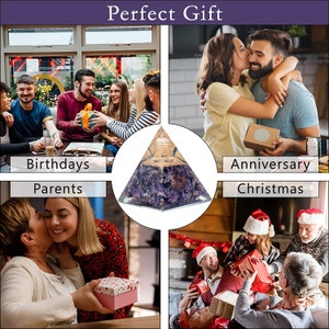 May include: A purple amethyst crystal pyramid with a gold metal spiral inside. The pyramid is a perfect gift for birthdays, anniversaries, parents, and Christmas.