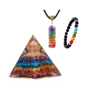 May include: A set of seven chakra crystals, including a pyramid, a pendant, and a bracelet. The pyramid is made of clear quartz with embedded crystals in the colors of the seven chakras. The pendant is a rectangular piece of clear quartz with embedded crystals in the colors of the seven chakras. The bracelet is made of black lava beads with seven chakra beads.