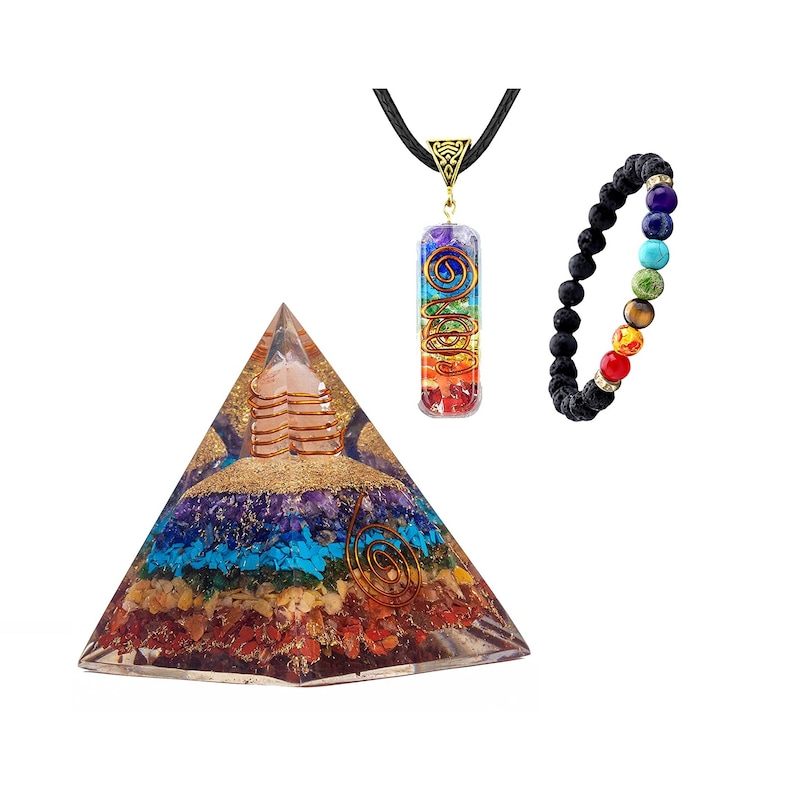 7 Chakra Orgone Pyramid Set – Healing Crystals, Pendant, Bracelet - Etsy