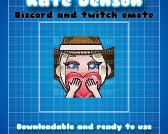 May include: A cartoon illustration of a woman with blonde hair wearing a brown cowboy hat and holding a red heart in front of her face. The text "Kate Denson Discord and twitch emote" is above the image and "Downloadable and ready to use" is below the image.