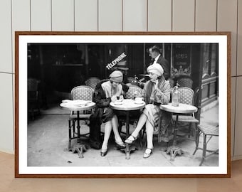 Paris Cafe Print: Vintage Women Drinking Coffee, Black and White Photography