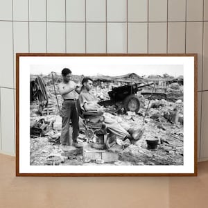 Vintage Barber Shop Poster, Soldier Getting Haircut, Black and White, Vintage Photograph Print, Bathroom Wall Art, Barbershop Decor