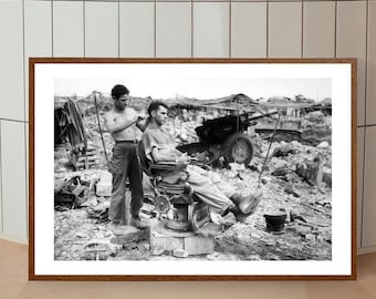 Vintage Barber Shop Photograph Print: Soldier Haircut, Black and White Wall Art