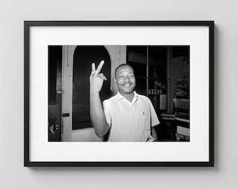 Martin Luther King Jr Print Black White Vintage Photography Civil Rights History Poster MLK Wall Art Peace Sign Portrait Decor