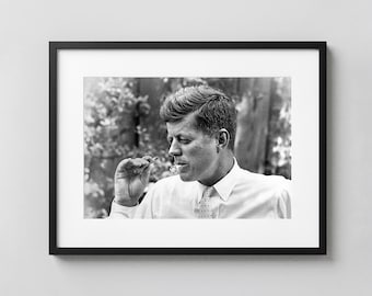 JFK Print Kennedy Smoking Cigar Vintage Portrait Black White Photography 1960s Historic President Wall Art Poster & Prints