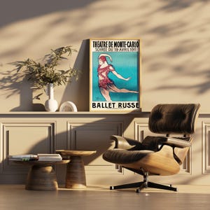 May include: A vintage poster advertising the Ballet Russe at the Theatre de Monte Carlo on April 19, 1911. The poster features a dancer in a red and green costume against a blue background.
