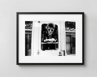 David Bowie Train Poster, Bowie On The Rails Print, Vintage Rock Photography, Black and White Music Wall Art, Retro Bowie Poster
