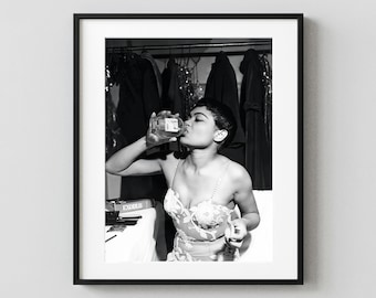 Eartha Kitt Poster, Vintage Backstage Drinking Print, Black and White Celebrity Photography, Retro Bar Cart Art, Hollywood Wall Decor