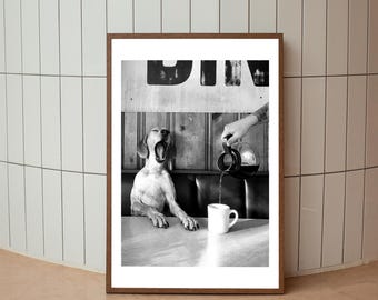 Stampe di caffè per cani, in bianco e nero, fotografia d'epoca, divertenti decorazioni da parete per la cucina, decorazioni per la sala da pranzo, download digitale, decorazioni per bar