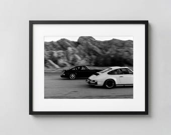 Porsche 911 Racing Print, Black and White Classic Car Photography, Vintage Automotive Wall Art