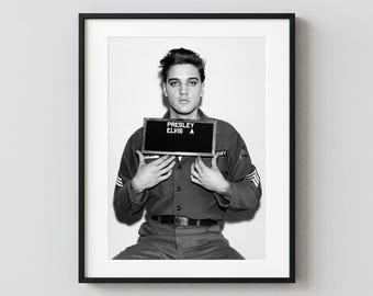 Elvis Presley Army Portrait Print, Vintage Elvis Poster, Black and White Music Photography, Rock and Roll Wall Art, Elvis Gift