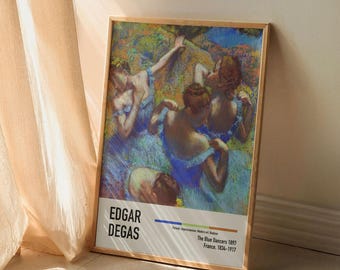 May include: A framed poster of a painting by Edgar Degas titled "The Blue Dancers". The painting depicts a group of dancers in blue dresses, with a pastel color palette.