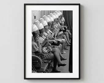 Vintage Hair Salon Print, Women Under Hair Dryers Black and White Photo, Retro Beauty Salon Wall Art, Hairdresser Decor