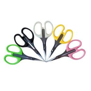 May include: Five pairs of small scissors with colourful plastic handles. The handles are green, black, white, yellow and pink.