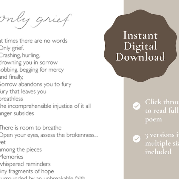 Only Grief Poem - Digital Print - Printable Sympathy Card Poem - Unexpected Death Poem - Loss of Child Poem