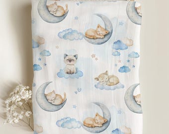 Fabric by the meter - EXCLUSIVE Cute Kittens Clouds - Cotton, Double Gauze, French Terry, Jersey, Minky, Waterproof...