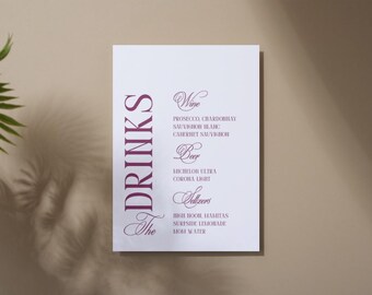 Printable Wedding Bar Sign Template, Pink Red Drinks Menu (Digital Download)