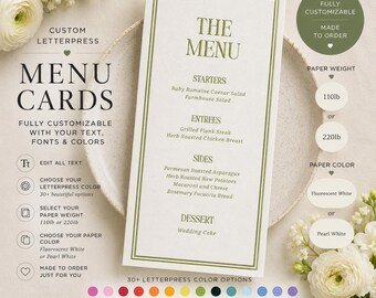 Custom Personalized Letterpress Wedding Menu Place Card Set, Olive Green Event Menu Bridal Shower #10 Flat Card