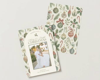 Merry Christmas Photo Card, Whimsical Ornaments, Canva Template (Digital Download)