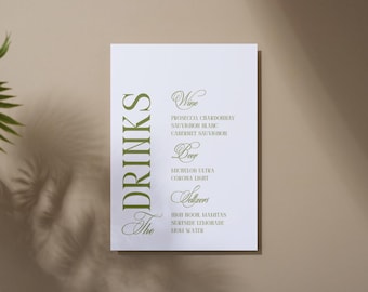 Modern Wedding Bar Sign, Greenery Drinks Menu Template (Digital Download)