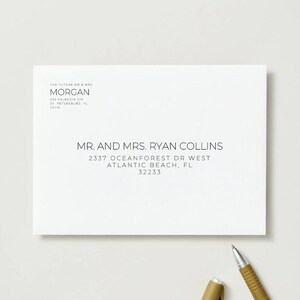 May include: A white rectangular envelope featuring black printed text. The return address in the top left corner reads THE FUTURE MR & MRS MORGAN 252 VALENCIA CIR ST PETERSBURG FL 33716. The centre displays MR. AND MRS. RYAN COLLINS 2337 OCEANFOREST DR WEST ATLANTIC BEACH, FL 32233.