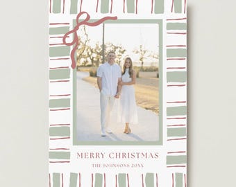 Red Sage Stripe Christmas Card Template, Photo Holiday Family DIY (Canva File)