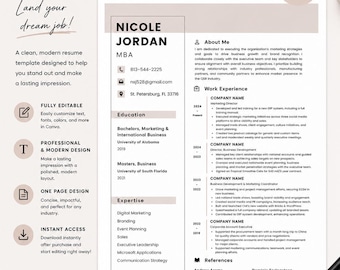 Modern Resume CV Template for Canva | 1-Page Editable Design (Digital Download)