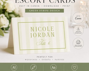 Digital Download Green Striped Escort Card Name Card Place Card Table Number Custom Digital Download for Wedding Seating Chart Canva A1