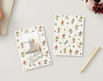 Merry Christmas Skiier Card, Whimsical Holiday Photo Template (Digital Download)
