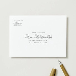 May include: A white rectangular envelope featuring black printed text. The return address reads The Future Mr & Mrs Anderson, 252 Valencia Cir, Orlando, FL 32810. The recipient address reads Kindly Deliver To Mr and Mrs William Presley, 252 First Avenue South, Flora Beach, FL 32233.