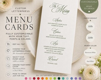 Custom Personalized Letterpress Wedding Menu Place Card Set, Olive Green Event Menu Bridal Shower