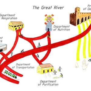 Op de afbeelding: Een grillige illustratie getiteld "The Great River" toont verschillende afdelingen die met elkaar verbonden zijn door een rood netwerk. Gebouwen met de labels "Department of Respiration", "Defence", "Transportation", "Nutrition" en "Purification" zijn afgebeeld. De tekst "President of Departments" is ook aanwezig.