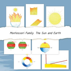 May include: A collection of watercolor illustrations depicting the sun and earth, with the text "Montessori Family. The Sun and Earth". The images include a sun, flames, and diagrams of the earth and sun's relationship.