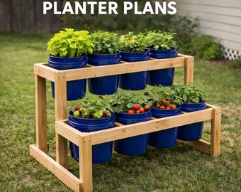 Planos para soporte de macetas de 2 niveles, estante de jardín vertical DIY, 8 cubos de 5 galones, ahorro de espacio