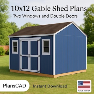 May include: A blue 10x12 gable shed with two windows and double doors. The shed has a brown roof and white trim. The text "10x12 Gable Shed Plans" and "Two Windows and Double Doors" is visible. The shed is on a grassy lawn.