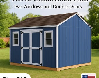 Planos en PDF para cobertizo de 10x12 pies / Cobertizo con techo a dos aguas / Puertas dobles y dos ventanas / Plano de construcción para bricolaje