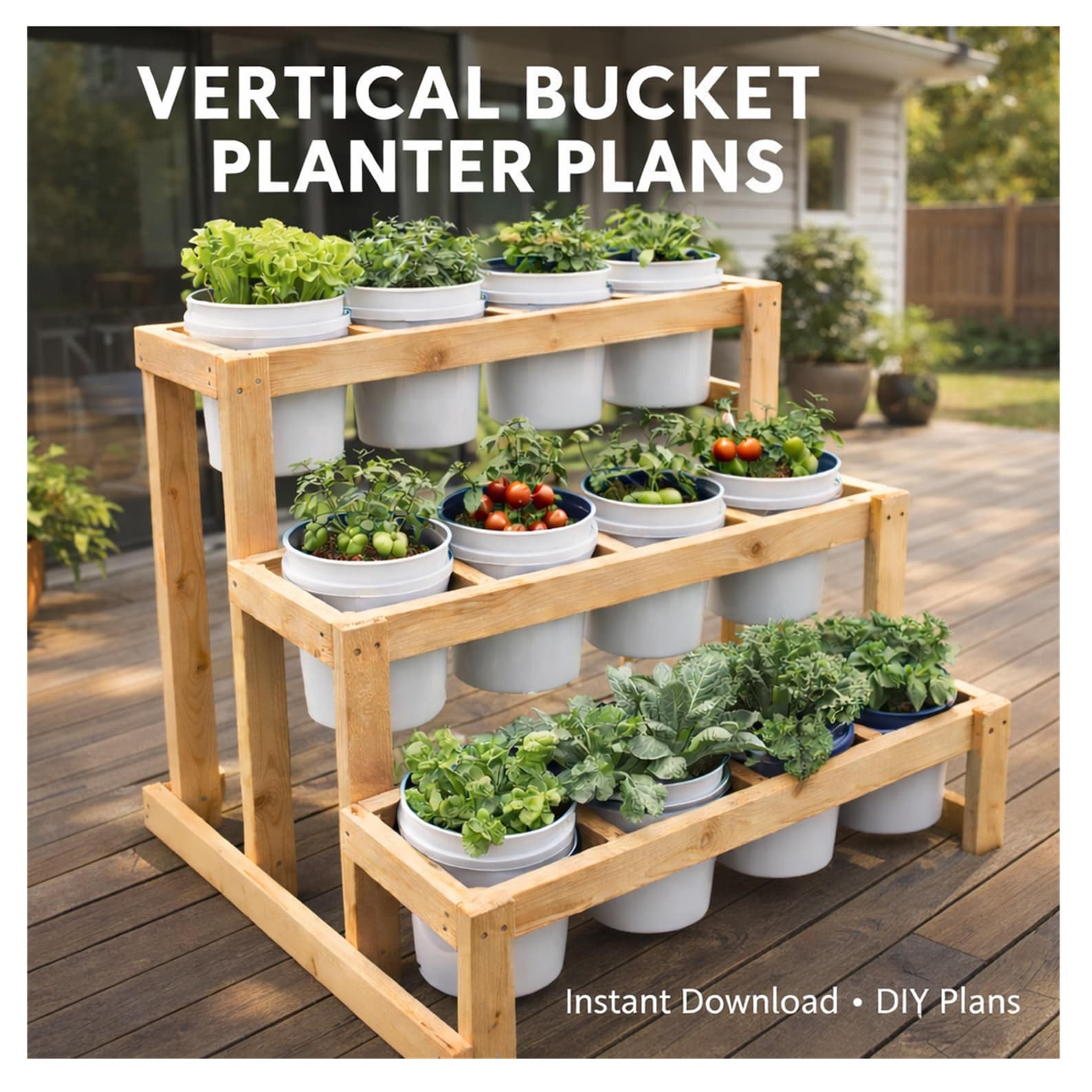 3-tier Bucket Planter Stand Plans DIY Vertical Garden Rack 12x 5-gallon ...