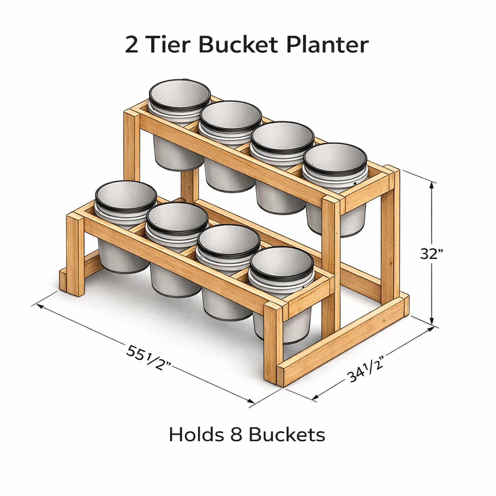 2-tier Bucket Planter Stand Plans DIY Vertical Garden Rack 8x 5-gallon ...