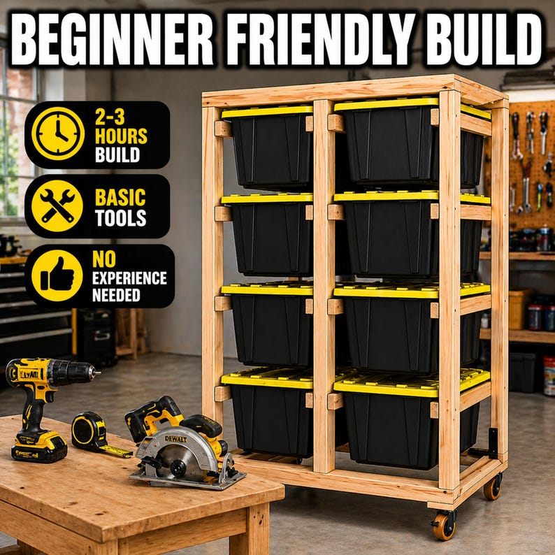 Puede incluir: Un estante de almacenamiento de madera con ocho contenedores negros con tapas amarillas. El estante est&aacute; sobre ruedas y el texto "BEGINNER FRIENDLY BUILD" est&aacute; en la parte superior. La imagen tambi&eacute;n muestra un taladro, una cinta m&eacute;trica y una sierra circular sobre una mesa de madera.