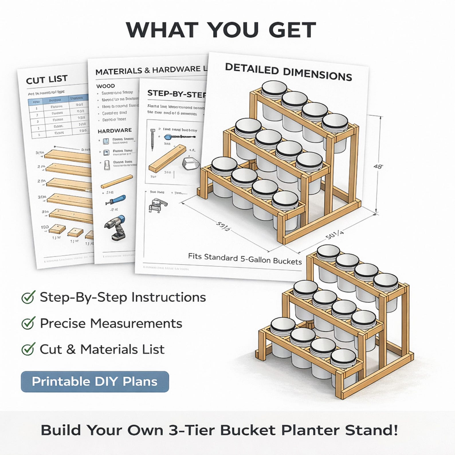 3-tier Bucket Planter Stand Plans DIY Vertical Garden Rack 12x 5-gallon ...