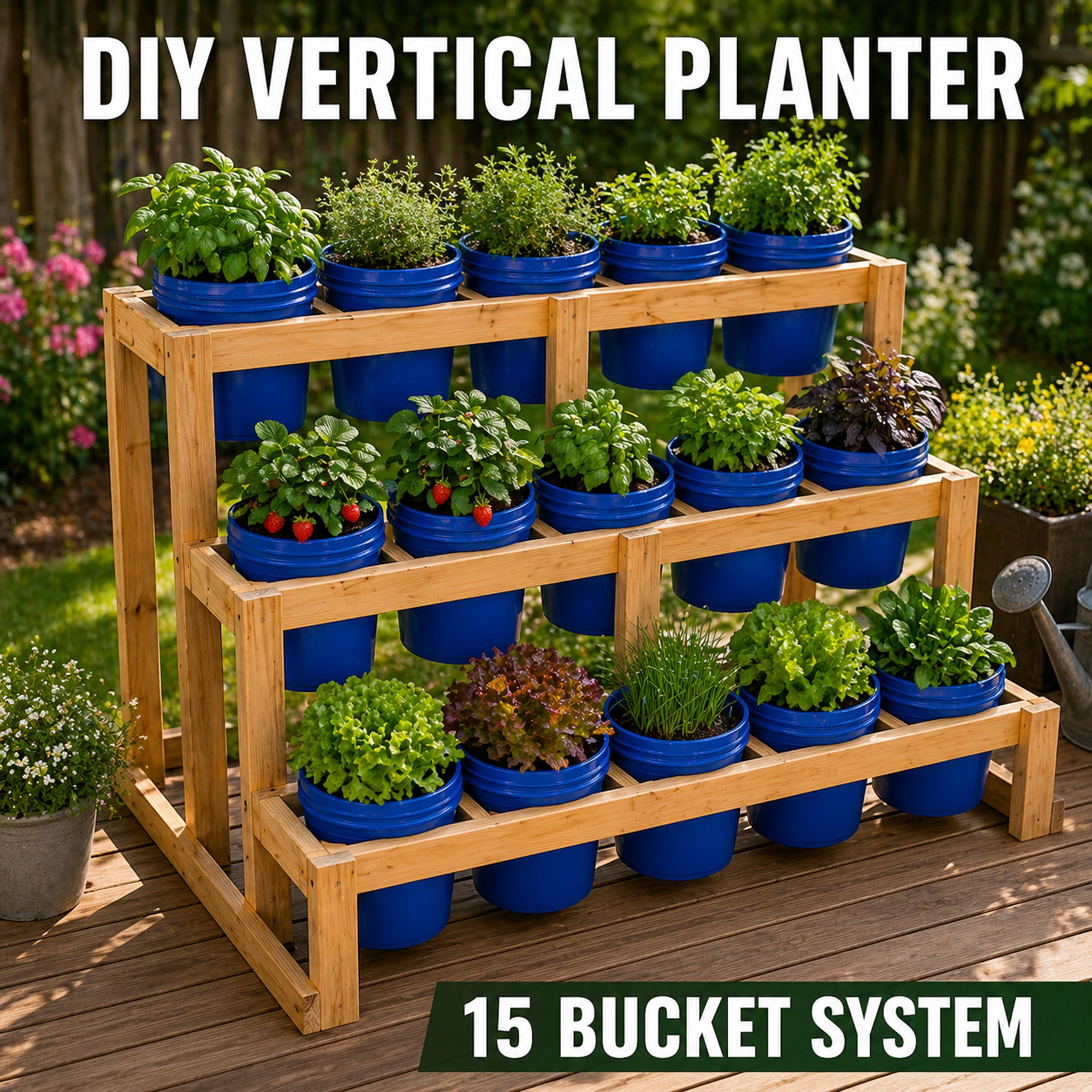 3-tier Bucket Planter Stand Plans DIY Vertical Garden Rack 15x 5-gallon ...