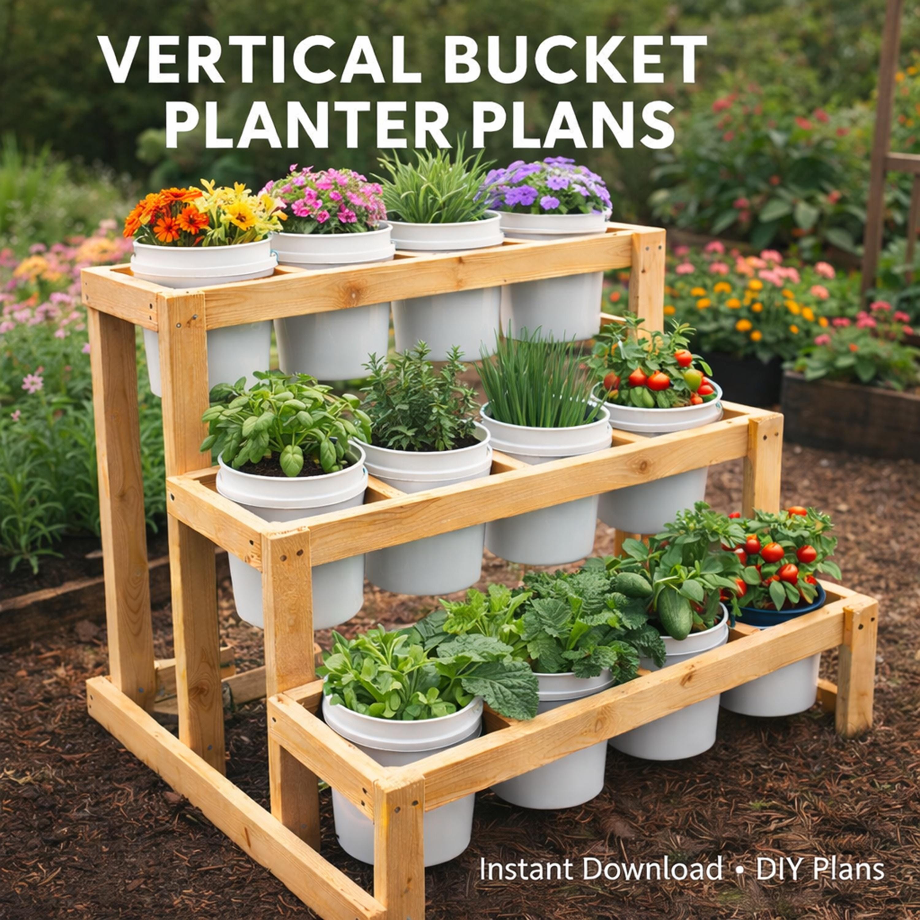 3-tier Bucket Planter Stand Plans DIY Vertical Garden Rack 12x 5-gallon ...